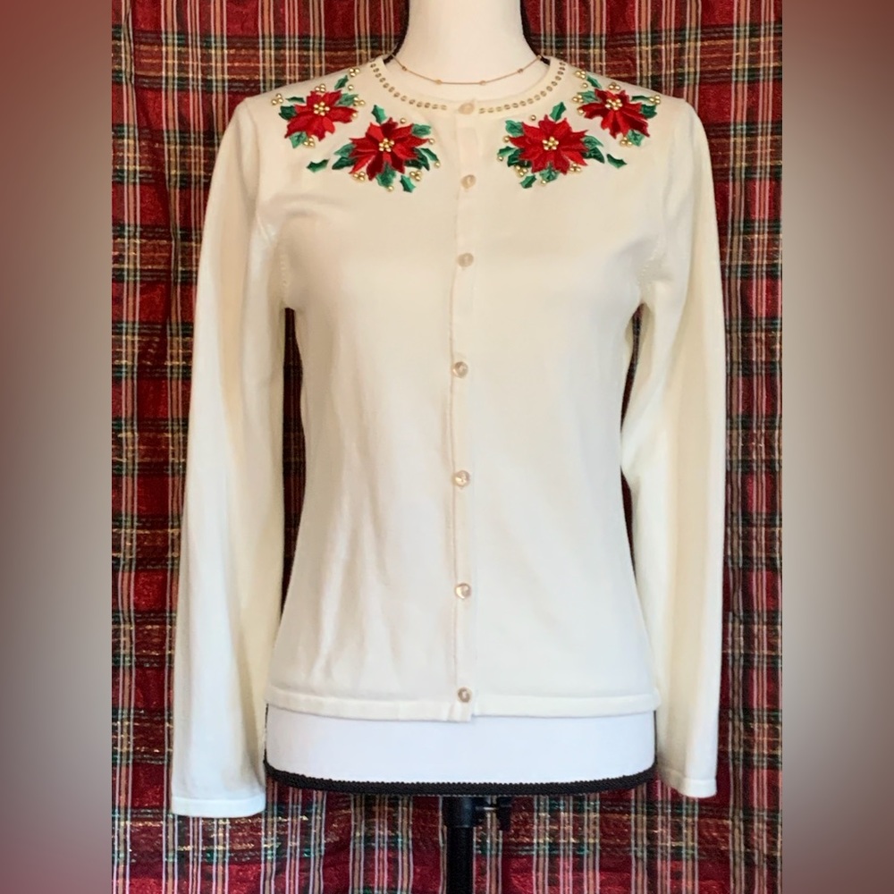 C B PETITE CAREER STITCHED & BEADED POINSETTIA CARDIGAN - PM